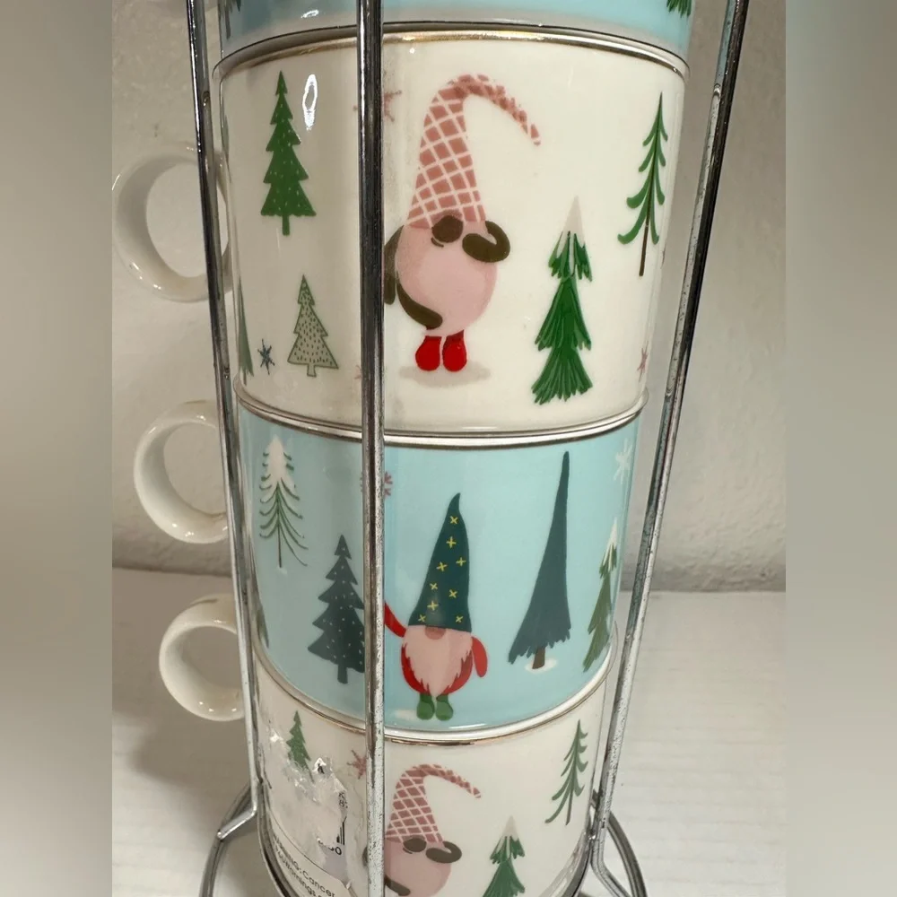 Sweet Living Collection‎ Stacking Set of 4 Mugs Christmas Gnomes Trees Rack New